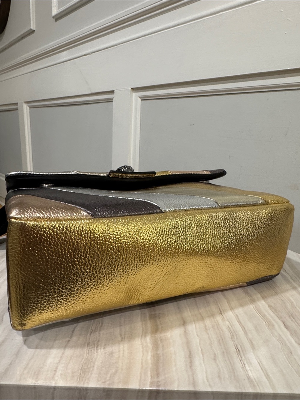 Kurt Geiger Bag Large Kensington Metallic Gold Silver Gray Stripe Shoulder Bag - Picture 10 of 17